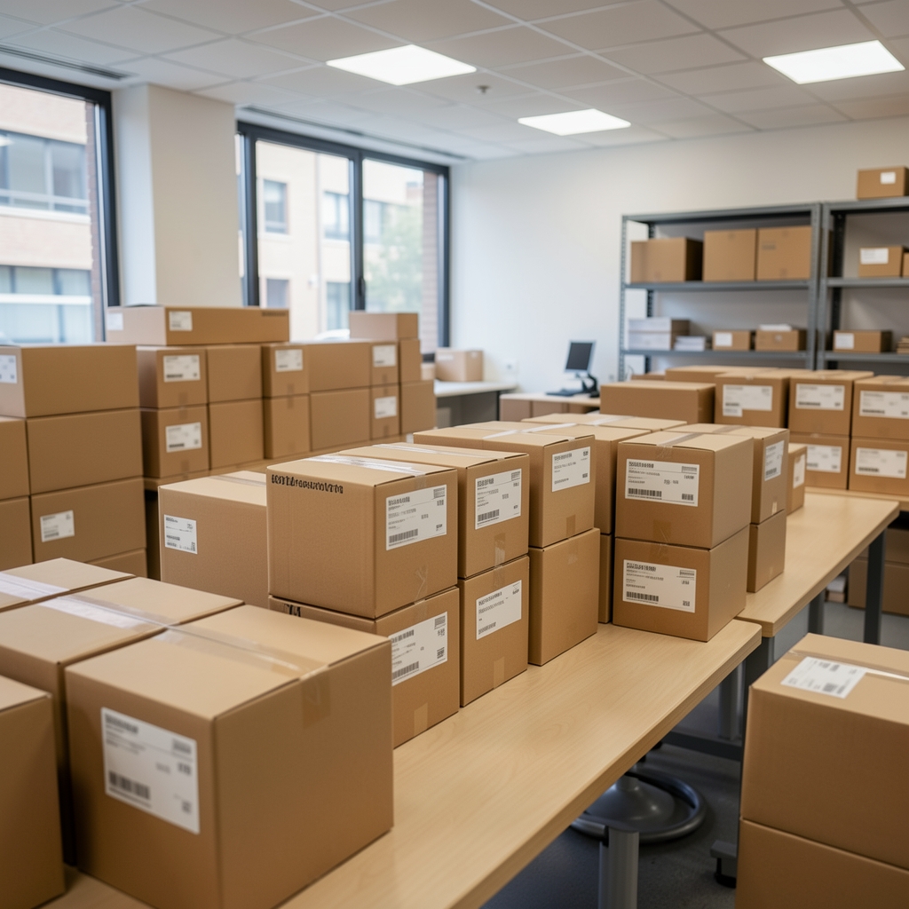 Área ordenada de preparación de pedidos con cajas discretas y etiquetas de envío