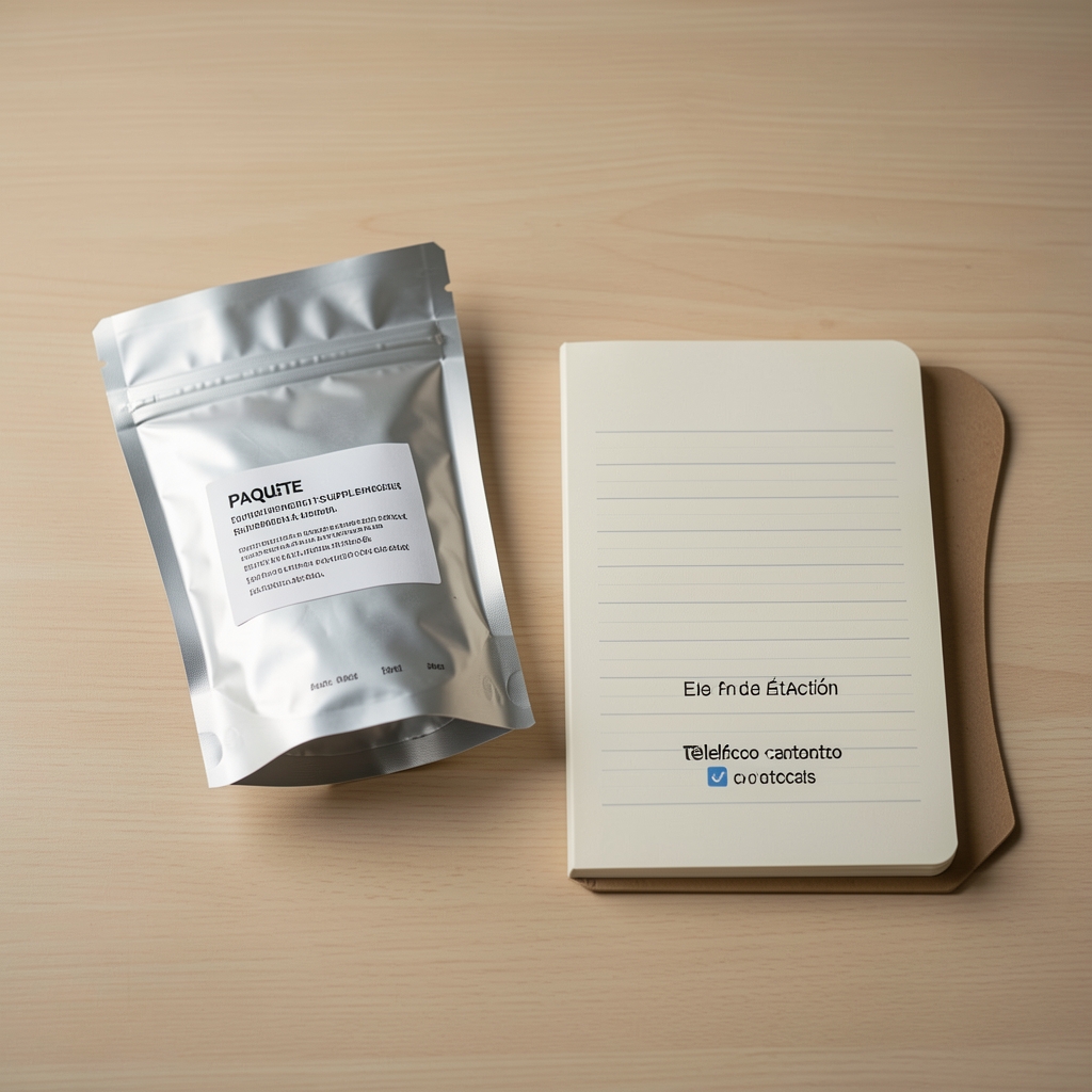 Paquete de suplemento sellado junto a una libreta de atención y teléfono de contacto
