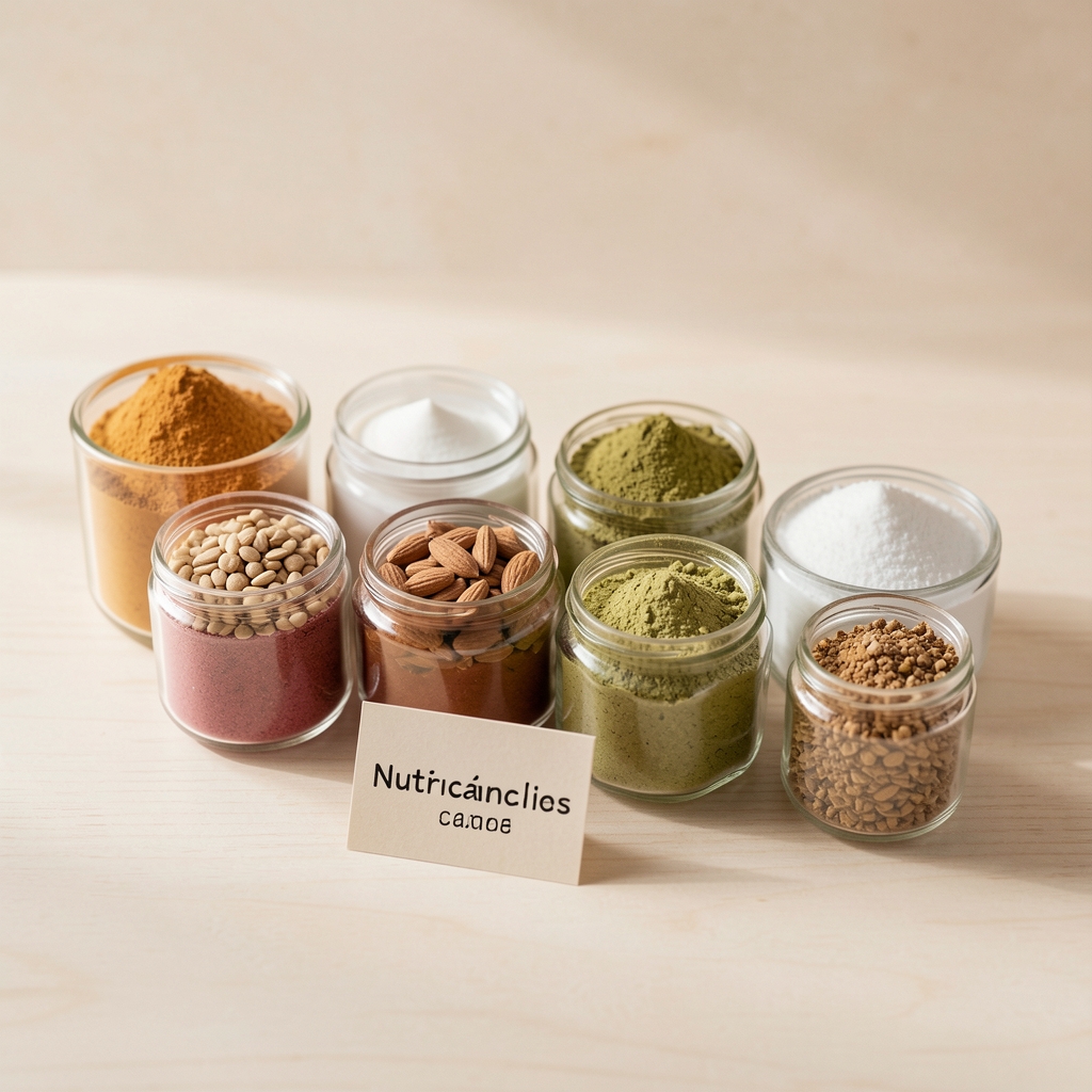 Ingredientes nutricionales ordenados en recipientes pequeños junto a una etiqueta de composición