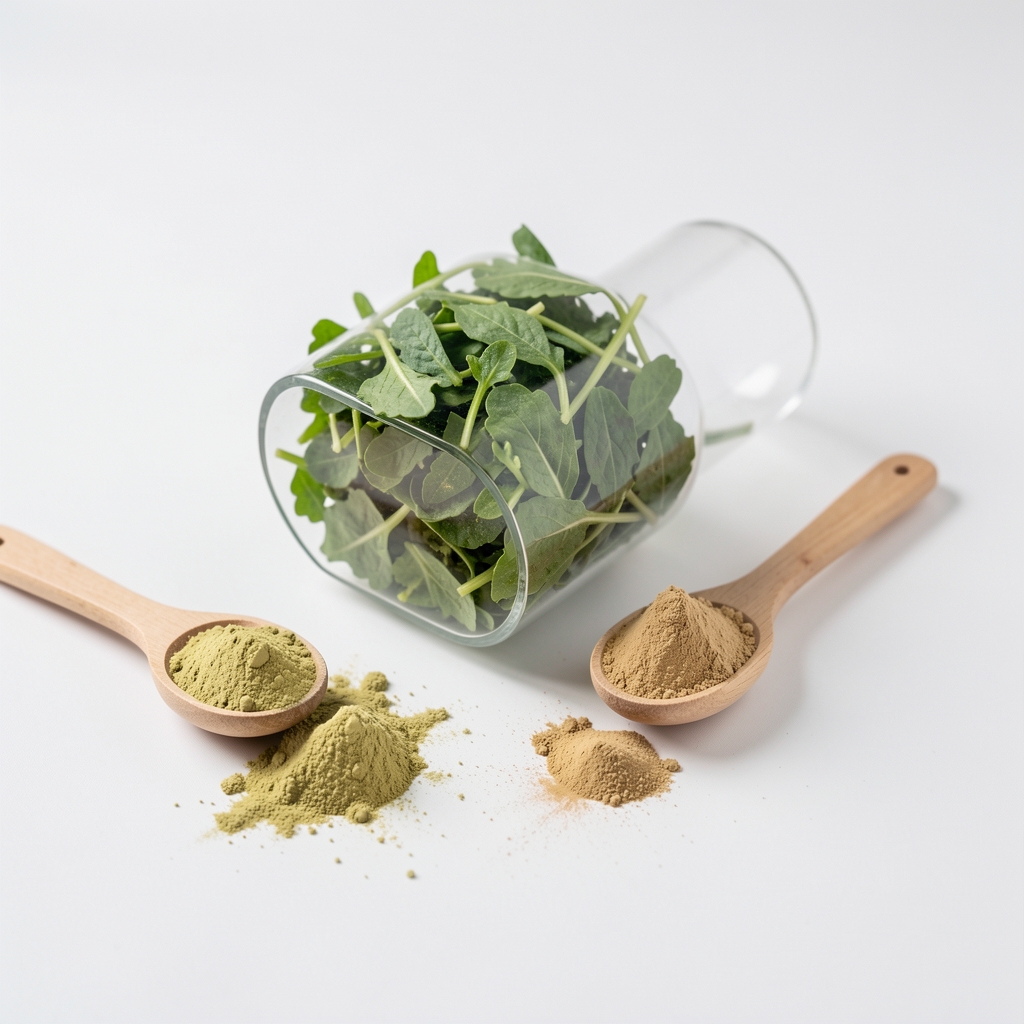 Cápsula vegetal junto a pequeñas cucharas con polvo nutricional sobre superficie blanca iluminada