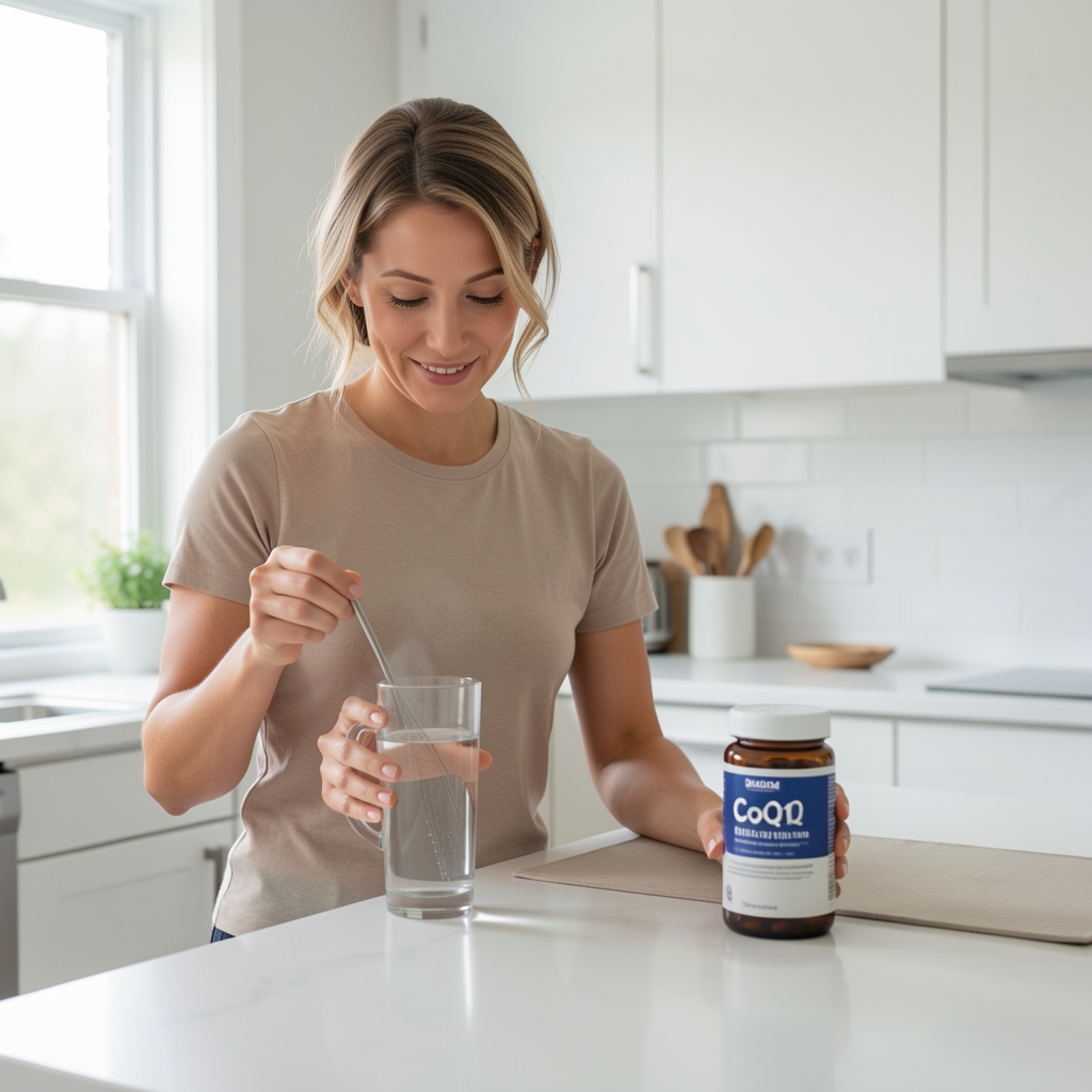 Persona adulta preparando una rutina matutina con vaso de agua y envase de CoQ10 en cocina clara