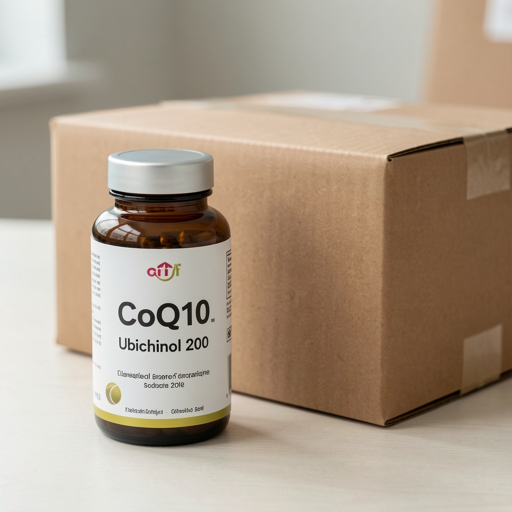 Detalle del envase CoQ10 Ubichinol 200 junto a una caja de envío preparada para entrega