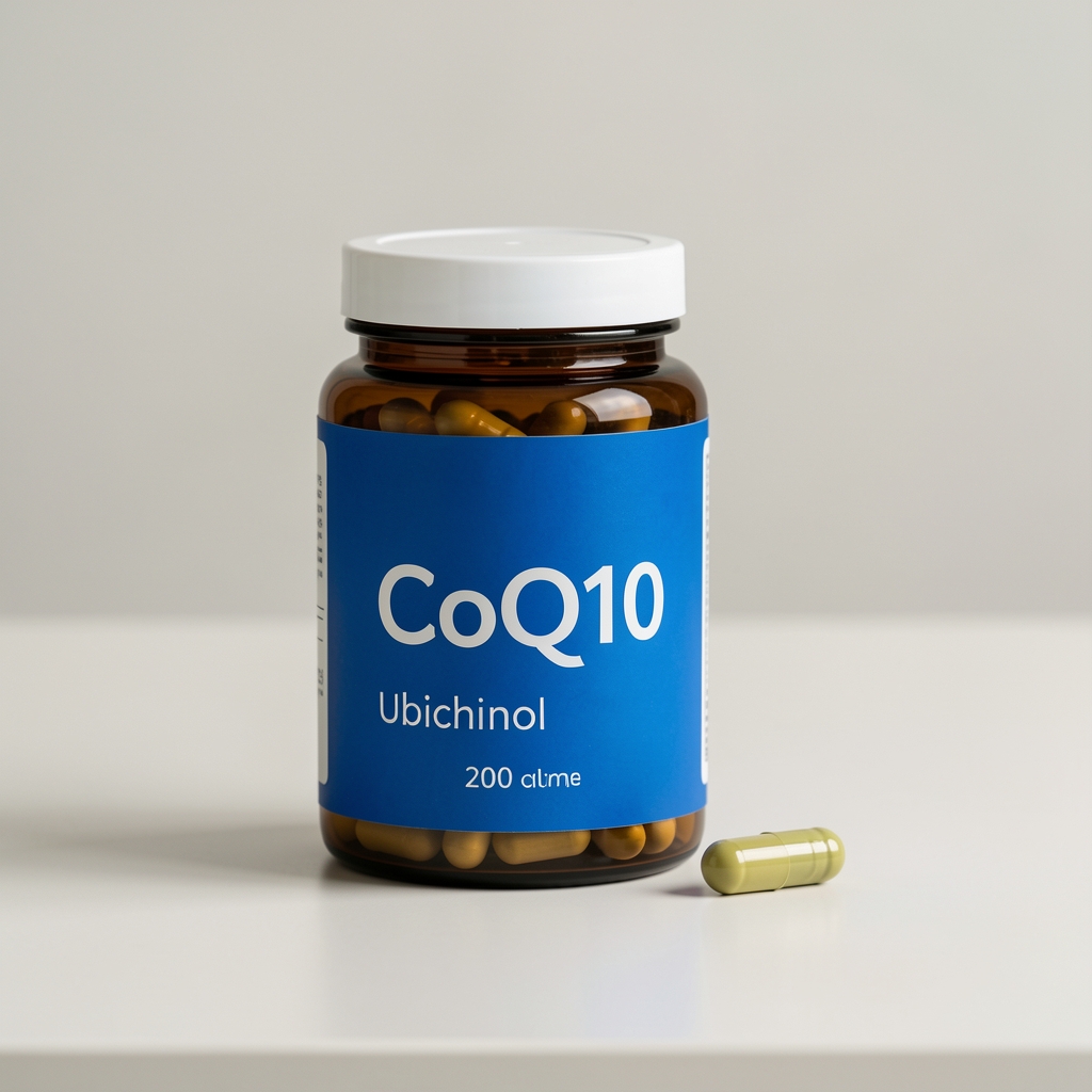 Envase azul pizarra de CoQ10 Ubichinol 200 sobre una mesa clara junto a una cápsula vegetal