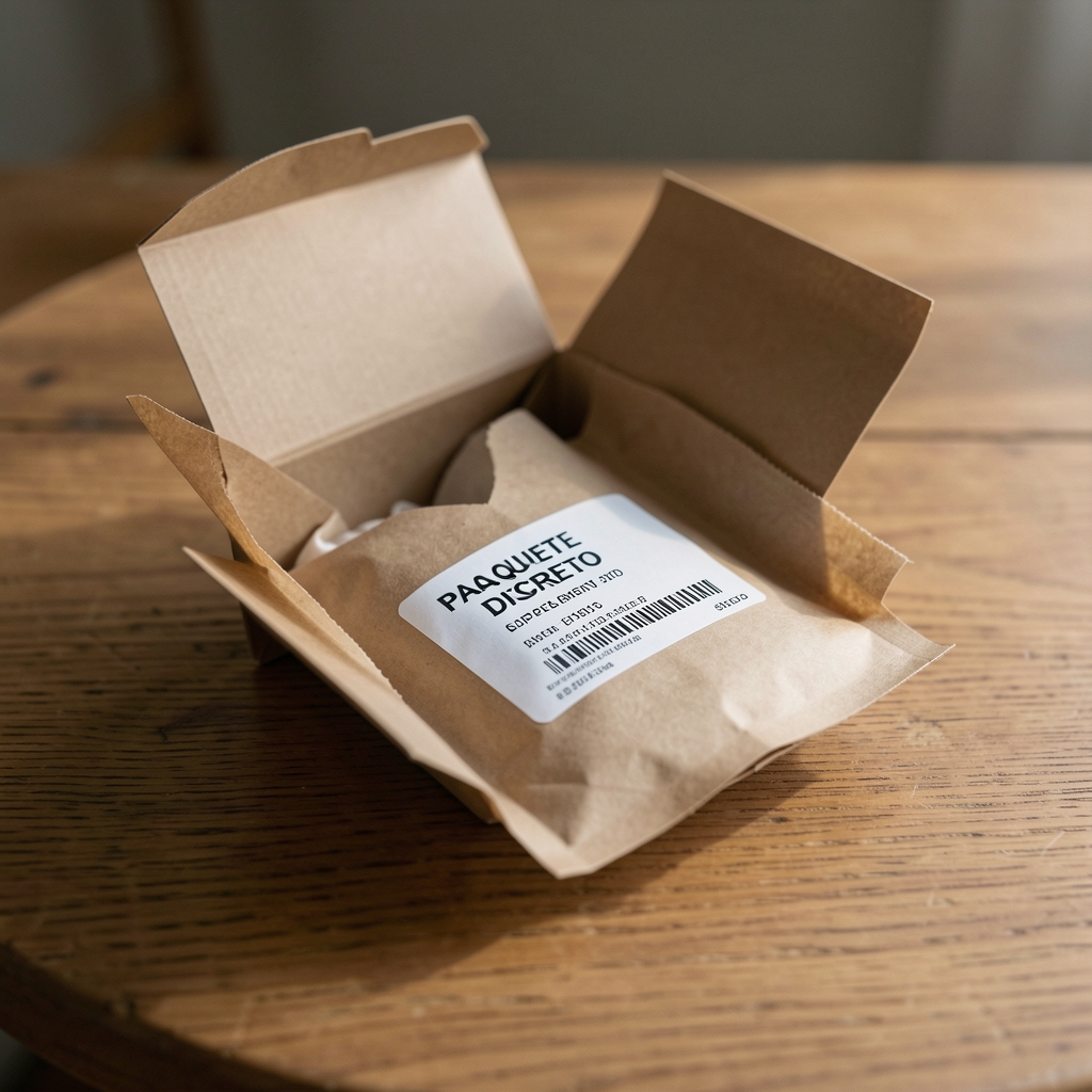 Paquete discreto de suplemento abierto sobre una mesa con etiqueta de envío legible