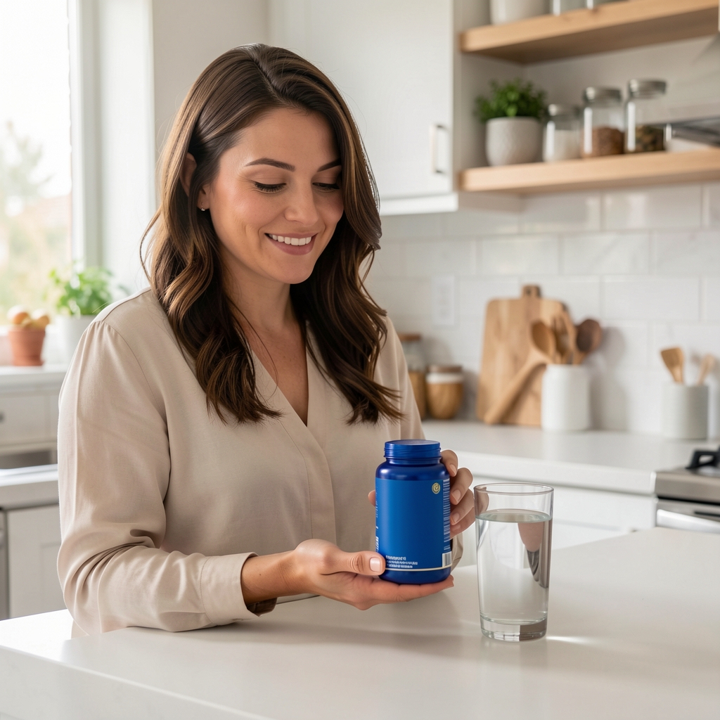 Persona adulta colocando un envase azul de suplemento junto a un vaso de agua en una cocina luminosa