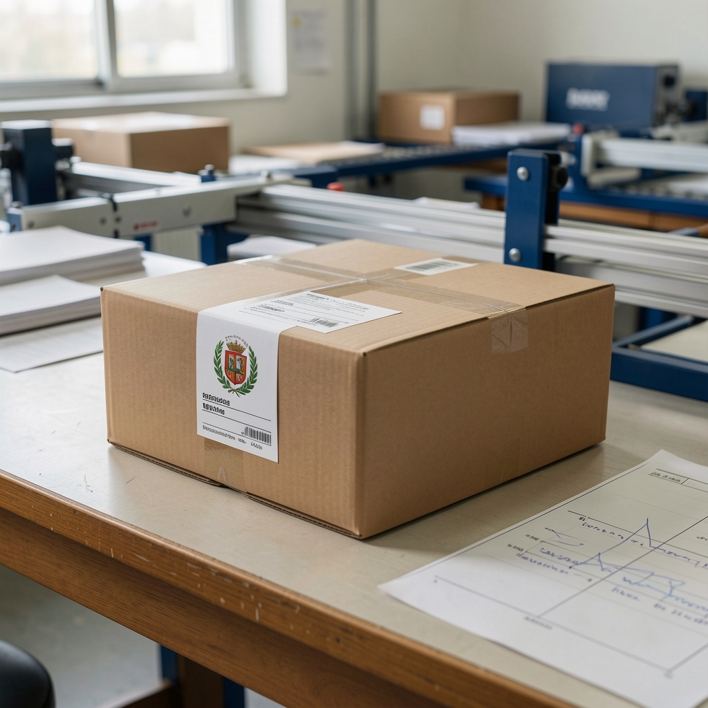 Etiqueta de envío nacional colocada sobre un paquete discreto en una mesa de clasificación